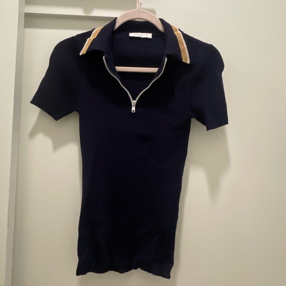 Sandro Navy Short-Sleeve Zip Polo with Tan Stripe Collar